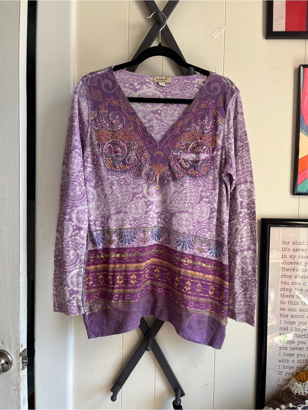 Vintage One World Y2K Lavender Purple Boho V-Neck Tunic with Embellished Detail